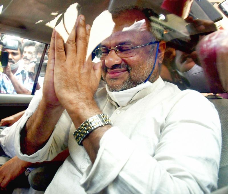 Bishop Franco Mulakkal folds his hands in gratitude as he leaves after the Additional District & Sessions Court acquitted him in a rape case, in Kottayam on January 14, 2022. (PTI Photo)