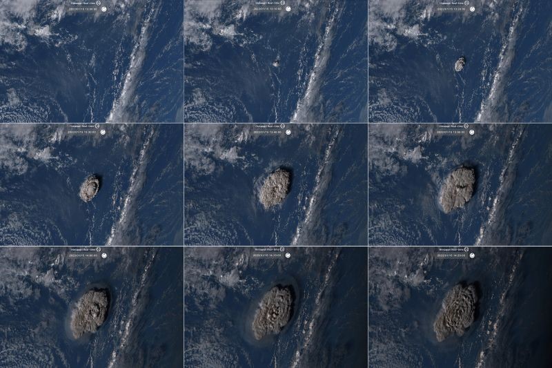 This combination of satellite images taken by Himawari-8, a Japanese weather satellite operated by Japan Meteorological Agency and released by National Institute of Information and Communications Technology (NICT), shows an undersea volcano eruption of the Pacific nation of Tonga on January 15, 2022. (AP/PTI Photo)