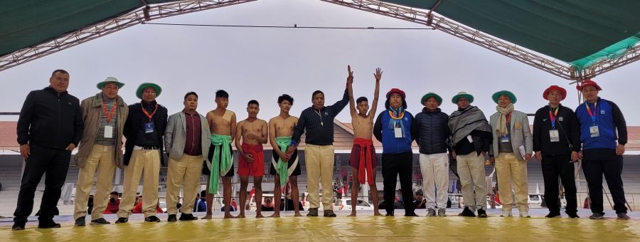 Winners of Under 16 Wrestling event with match officials and SASA officials on January 28 in Kohima. (Morung Photo)