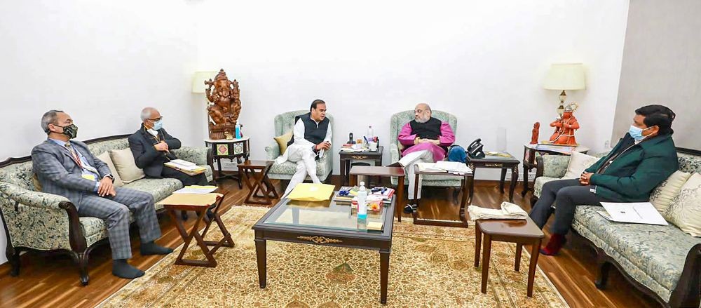 New Delhi: Union Home Minister Amit Shah with Assam Chief Minister Himanta Biswa Sarma and Meghalaya Chief Minister Conrad Sangma, during their meeting in New Delhi. (PTI Photo)