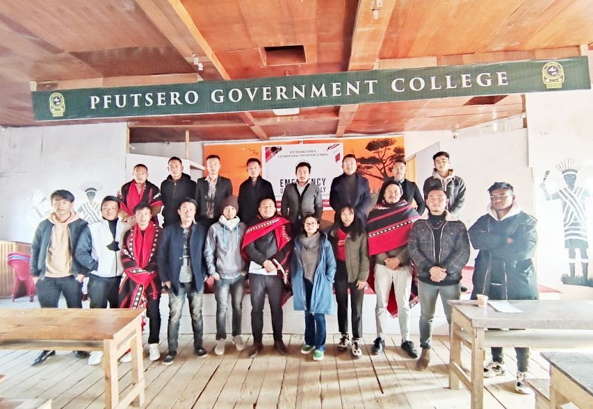 Officials and others during the Pfutsero Town Chakhesang Students’ Union emergency union assembly held at Auditorium Hall, PGC, Pfutsero on January 29. (Photo Courtesy: PTSCU)