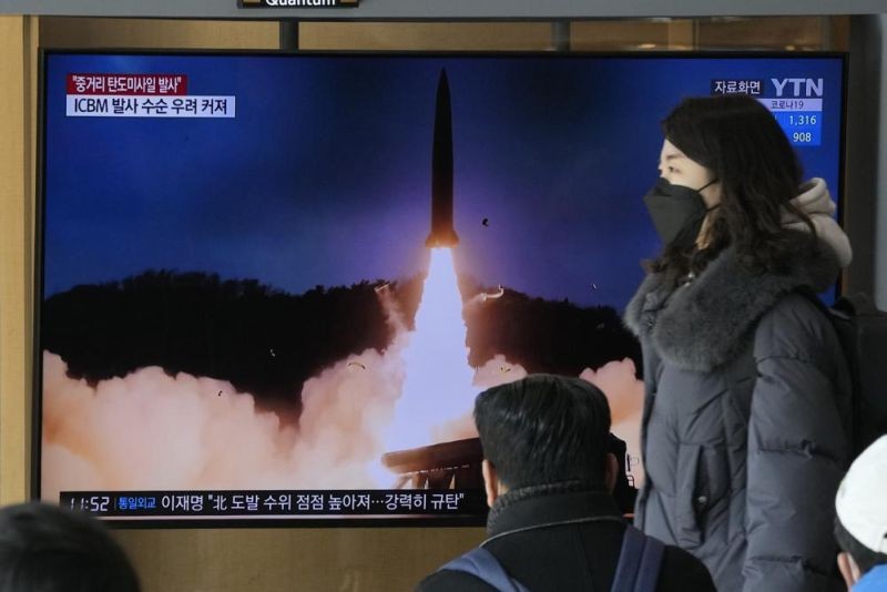A TV screen shows a file image of North Korea's missile launch during a news program at the Seoul Railway Station in Seoul, South Korea, Sunday, Jan. 30, 2022. North Korea on Sunday fired what appeared to be the most powerful missile it has tested since U.S. President Joe Biden took office, as it revives its old playbook in brinkmanship to wrest concessions from Washington and neighbors amid a prolonged stalemate in diplomacy. (AP Photo)