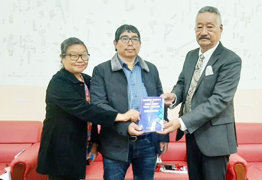 Rev Dr Wati Aier (extreme right) along with Dr AS Pillarson and his wife Kikanaro Jamir Pillarson at the launching event of Pillarson’s book ‘Cultural identity of the Nagas amidst tribal theology and globalisation’ in Dimapur on January 20. (Morung Photo)