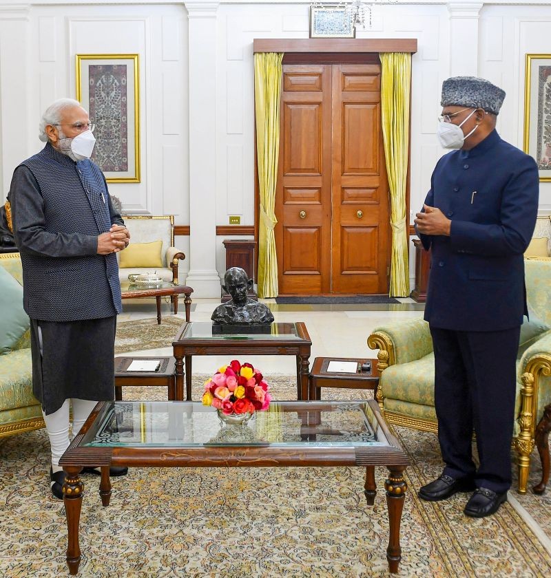 Prime Minister Narendra Modi meets President Ram Nath Kovind to give a first-hand account of the security breach in his convoy in Punjab, at Rashtrapati Bhawan in New Delhi. Prime Minister Narendra Modi was stuck on a highway in Punjab for 20 minutes because of protesters, in a massive security breach on Wednesday. (PTI Photo)