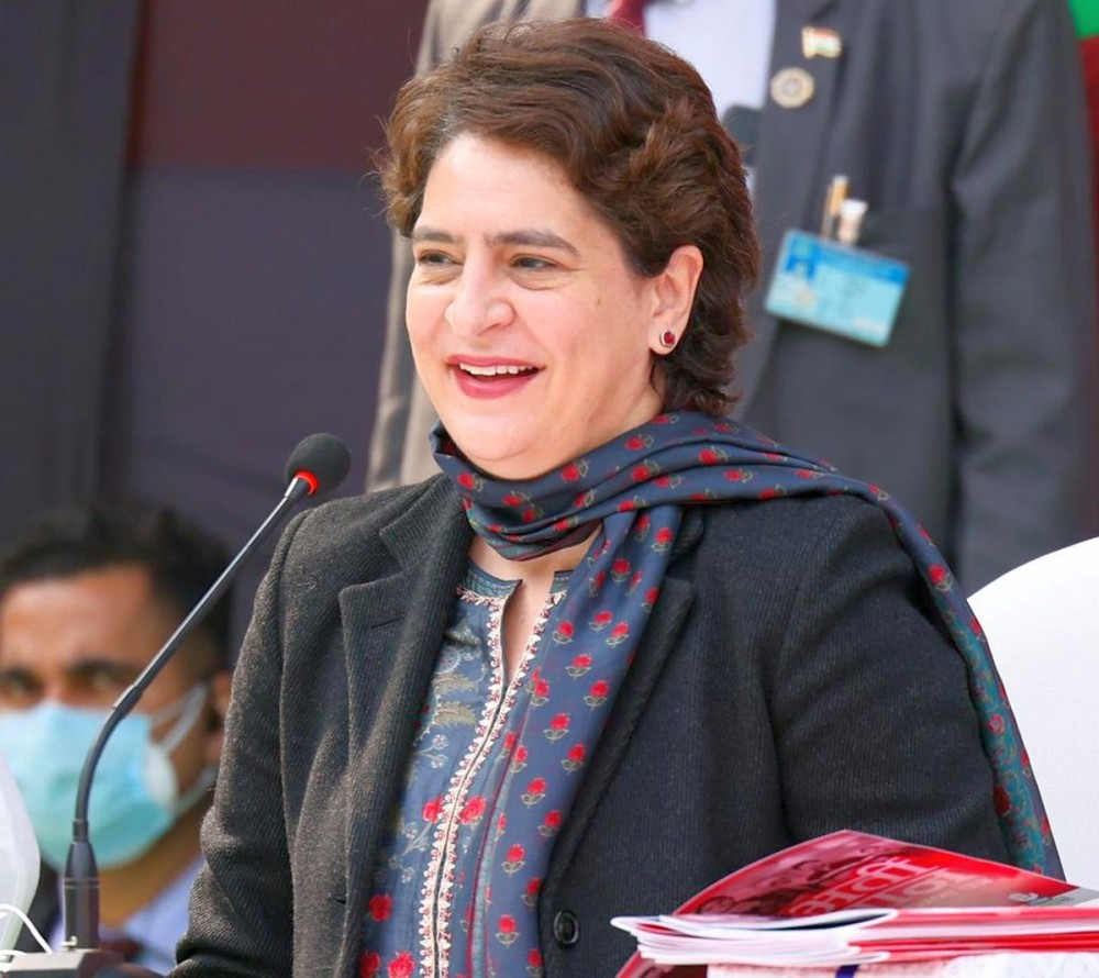 Congress General Secretary Priyanka Gandhi Vadra speaks at the launch of party's 'youth manifesto' for the upcoming Uttar Pradesh polls at All India Congress Committee headquarters in New Delhi. Photograph: @INCIndia/Twitter