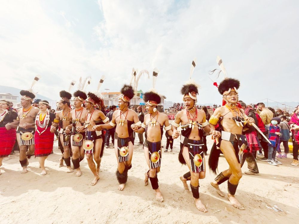 A cultural troupe performing during the Poanglum Mini Hornbill celebration at parade ground, Tuensang on January 15. (DIPR Photo)