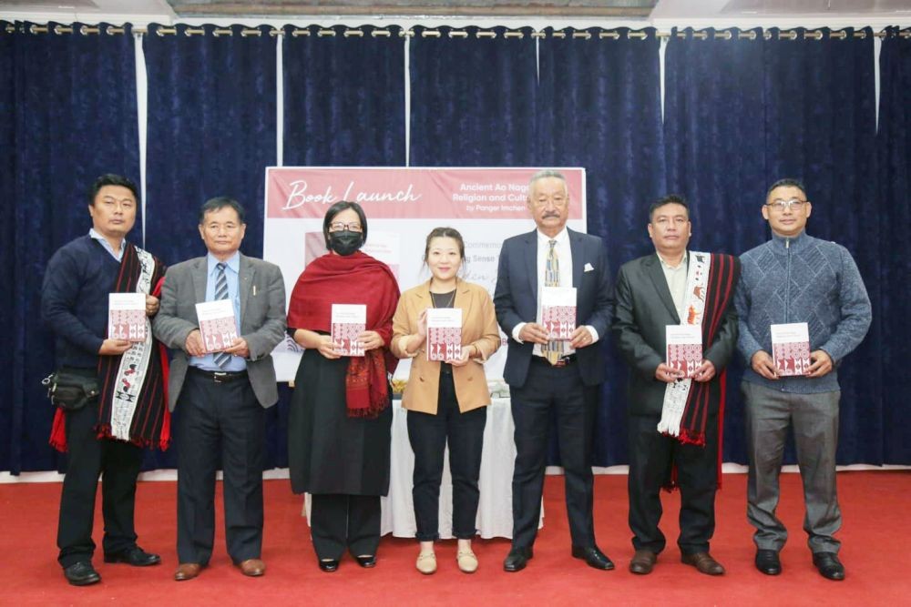 Rev Dr Wati Aier (3rd from right), and others during the launch of the 2nd edition of Late Panger Imchen’s ‘Ancient Ao Naga Religion and Culture’ at at DBIDL, Don Bosco School on January 22.