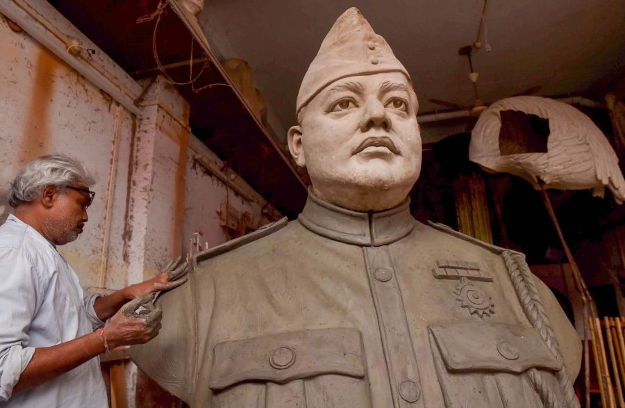 Kolkata: An artist prepares a sculpture of Netaji Subhas Chandra Bose ahead of his 125th birth anniversary, in Kolkata, Friday, Jan. 21, 2022. (PTI Photo)