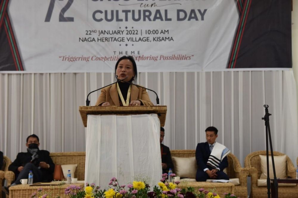 Dr Lily Sema speaking at the 72nd SASU Literary cum Cultural Day on January 22. (Morung Photo)