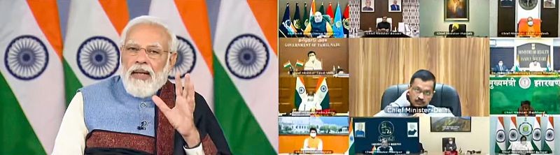 Prime Minister Narendra Modi interacts with chief ministers over the prevailing COVID-19 situation in the country via video conferencing, in New Delhi. (PTI Photo)