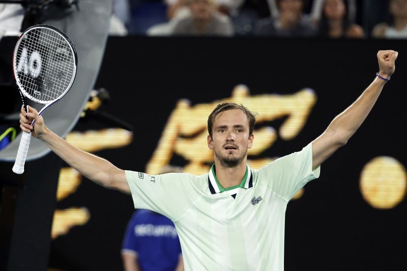 Melbourne: Daniil Medvedev of Russia celebrates after defeating Stefanos Tsitsipas of Greece in their semifinal match at the Australian Open tennis championships in Melbourne, Australia, Friday, Jan. 28, 2022. AP/PTI