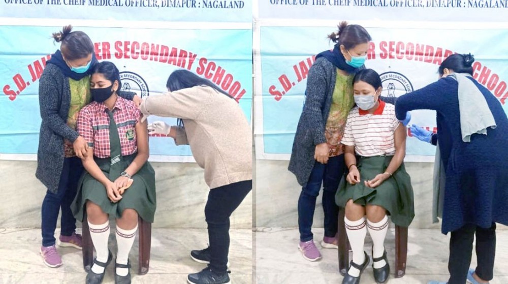 Beneficiaries of COVID-19 vaccine for 15 -18 years at SD Jain Higher Secondary School, Dimapur availing their 1st dose during an outreach programme in collaboration with the CMO’s Office, Dimapur on January 8.  (Photo Courtesy: Twitter@NagalandNhm)