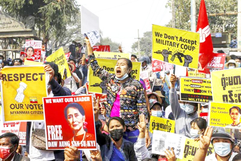 Demonstrators protest in Mandalay, Myanmar on February 18, 2021. (AP File Photo)