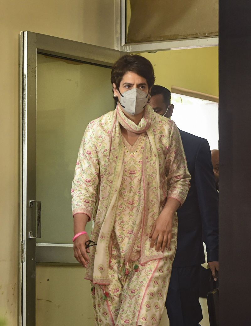 AICC General Secretary Priyanka Gandhi Vadra arrives for a press conference to release party manifesto 'Unnati Vidhan Jan Ghoshna Patra' for the UP Assembly elections, in Lucknow on February 9, 2022. (PTI Photo)