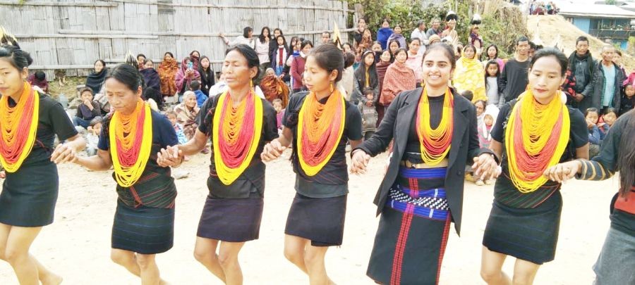 Dr Pritpal Kaur IPS with a cultural troupe during the Pathso village 17th foundation day of their cultural club cum Khaozaosei Hokaa on February 4.