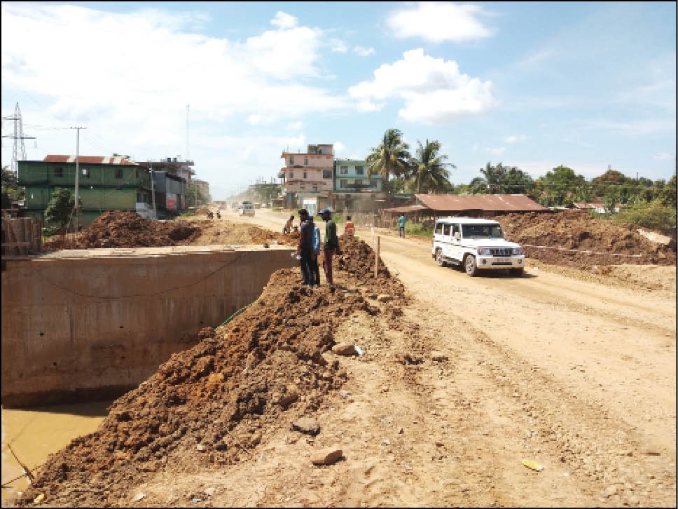 One half of a ‘box culvert’ as seen on June 23 at the 4th Mile segment of the Dimapur-Chumoükedima road (NH 29). This was the spot where a clogged drain required trenching right across the under-construction road on June 22.  (Morung Photo)