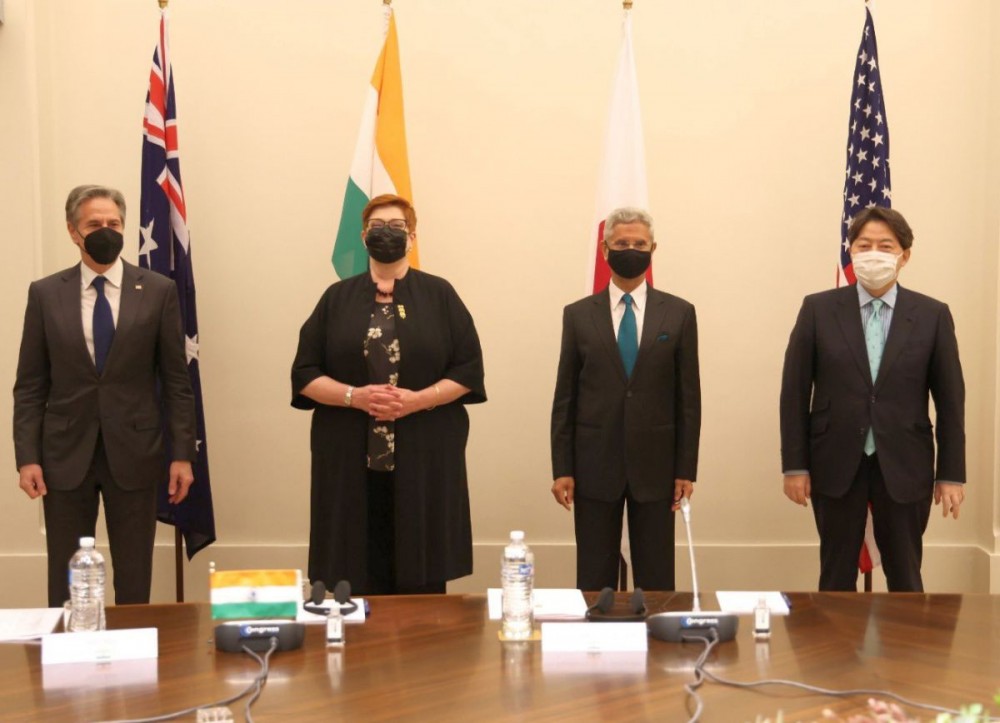 US Secretary of State Antony Blinken, Australian Foreign Minister Marise Payne, Indian Foreign Minister S Jaishankar and Japanese Foreign Minister Yoshimasa Hayashi during a press conference of the Quadrilateral Security Dialogue (Quad) foreign ministers in Melbourne, Australia, on February 11, 2022. Photograph: @DrSJaishankar/Twitter