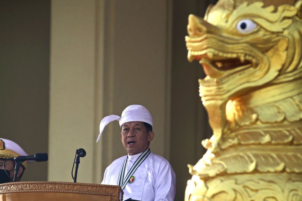 Naypyitaw: Senior Gen. Min Aung Hlaing, head of the military council speech, speaks during the ceremony marking Myanmar's 75th anniversary Union Day in Naypyitaw, Myanmar, Saturday, Feb. 12, 2022. The head of Myanmar‚Äôs military government appealed Saturday for national unity among the country‚Äôs restive ethnic minorities as he presided over a parade marking the 75th anniversary of a historic agreement that sought but failed to ensure harmony.AP/PTI