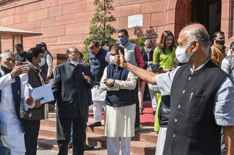 MPs leave Parliament House complex, during the ongoing Budget Session, in New Delhi on February 11. (PTI Photo)