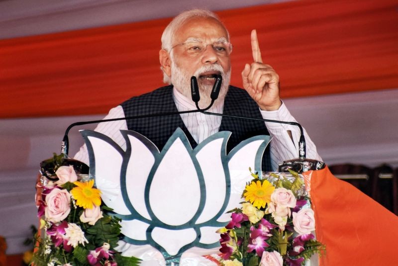 Prime Minister Narendra Modi addresses an election campaign rally for the ongoing UP Assembly elections at Kaushambi district, in Prayagraj on February 23, 2022. (PTI Photo)