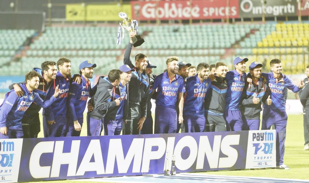 Dharamshala: Indian players pose with the trophy after winning the 3rd and final T20 cricket match of the series against Sri Lanka, at HPCA stadium, in Dharamshala, Sunday, Feb. 27, 2022. India won the series 3-0. (PTI Photo/Vijay Verma)