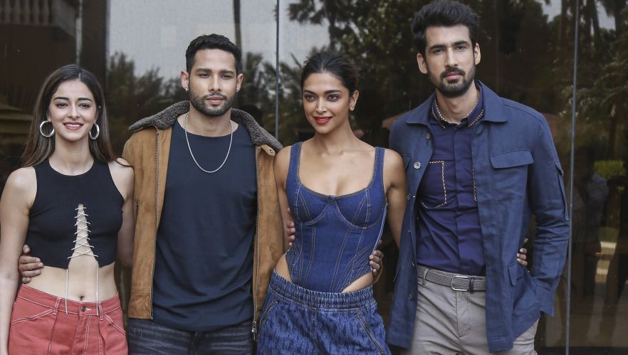 Mumbai: Bollywood actors Ananya Pandey, Siddhant Chaturvedi, Deepika Padukone and Dhairya Karwa pose for photos during an event for the promotion of their upcoming movie 'Gehraiyaan', in Mumbai, Tuesday, Feb. 8, 2022. (PTI Photo)
