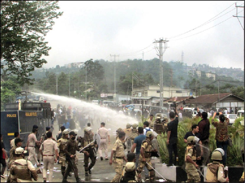 Police use water cannons on protestors during the ANCSU hunger strike in Kohima on June 4. (Morung Photo)