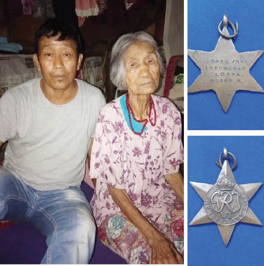 (Left) Rapolo with her son Ndonsi Lotha  (Right) A part of Lance Naik Yimtongsao Lotha’s WW1 gallantry award which is now in the custody of his grandson.