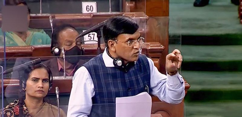 Health Minister Mansukh Mandaviya speaks in the Lok Sabha during the ongoing Budget Session of Parliament, in New Delhi on February 11, 2022. (PTI Photo)