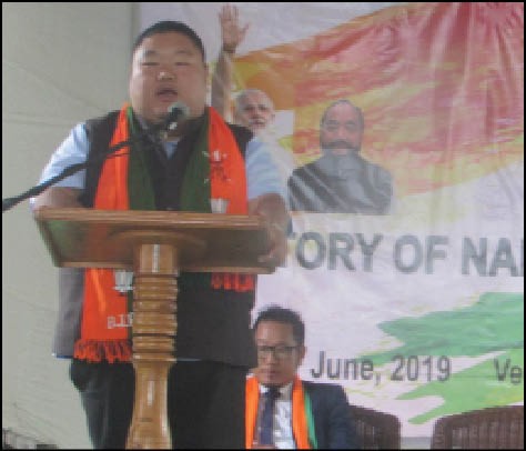 Nagaland state BJP president, Temjen Imna Along addressing the celebration of the NDA's victory in the Lok Sabha polls on June 5 in Kohima. (Morung Photo)