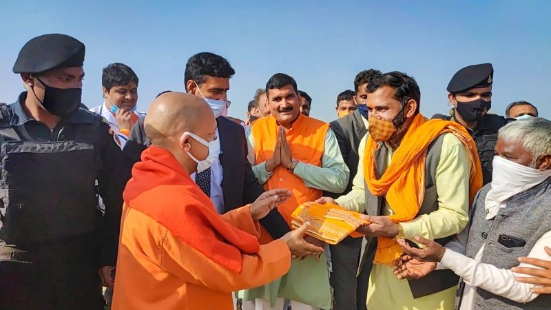 Chief Minister Yogi Adityanath during an election campaign in support of Rajesh Chaudhary, BJP candidate from Mant Constituency for upcoming UP Assembly elections, in Mathura on February 6, 2022. (PTI Photo)