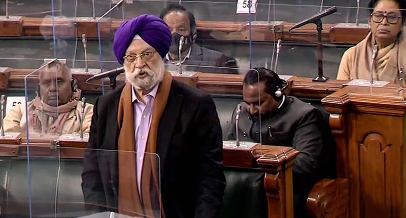 Union Minister Hardeep Singh Puri speaks in the Lok Sabha, during ongoing Budget Session of Parliament, in New Delhi on February 10, 2022. (PTI Photo)