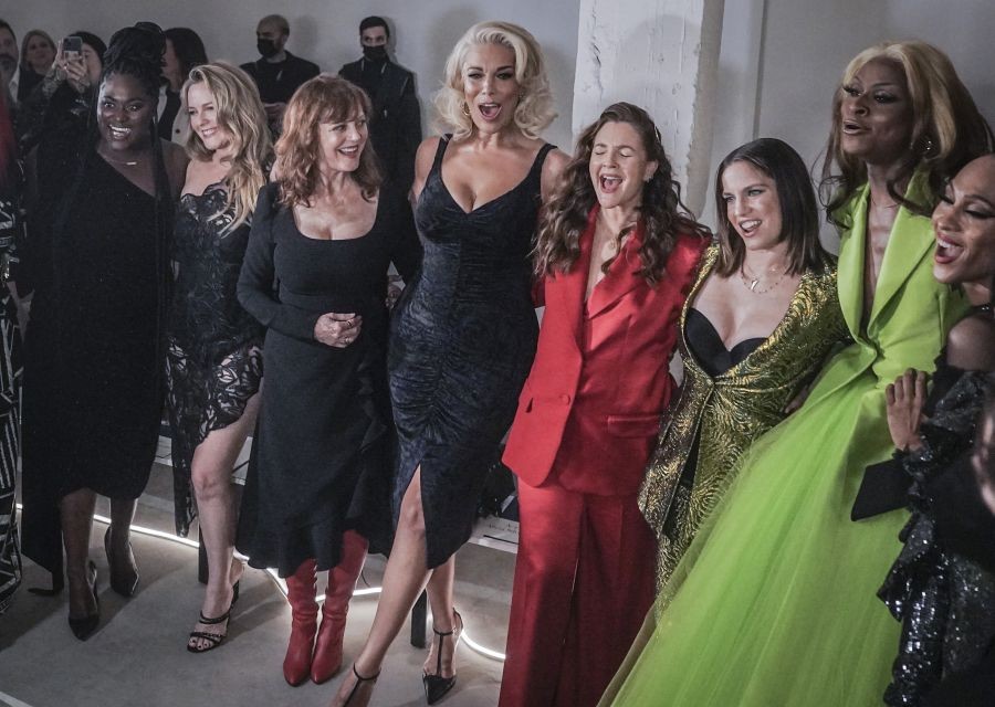 New York: Celebrities from left to right, Danielle Brooks, Alicia Silverstone, Susan Sarandon, Hannah Waddingham, Drew Barrymore, Anna Chlumsky, Symone, and M.J. Rodriguez pose for photos before viewing Christian Siriano's fall/winter 2022 fashion collection during Fashion Week, Saturday Feb. 12, 2022, in New York..AP/PTI Photo