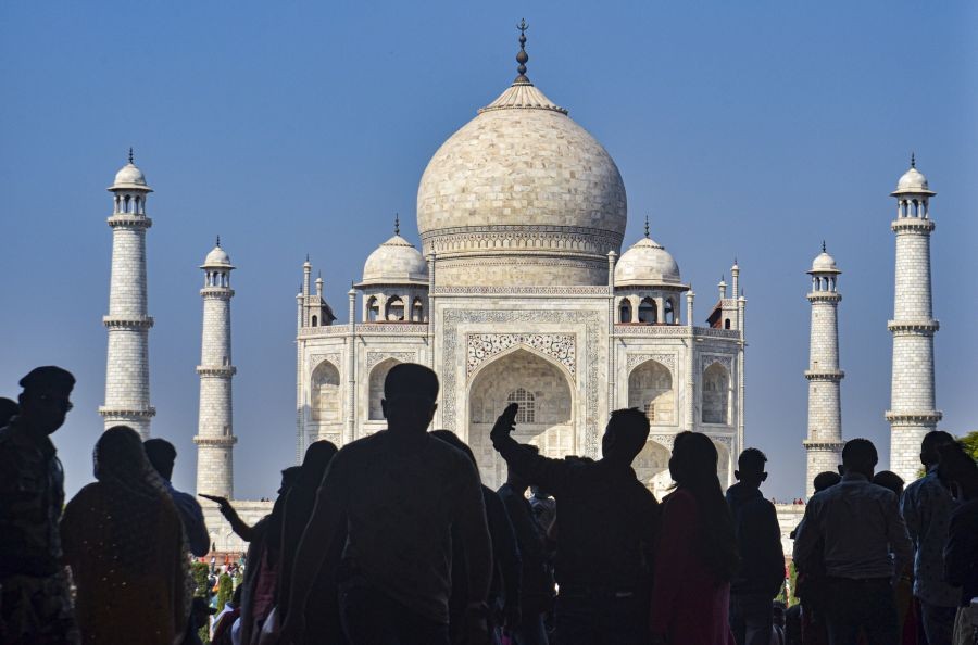 Agra: Tourists visit Taj Mahal after authorities relaxed some COVID-19 restrictions, in Agra, Monday, Feb. 14, 2022. (PTI Photo)