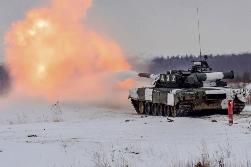 In this photo released by the Russian Defense Ministry Press Service on in Nizhny Novgorod, Russia, Saturday, Feb. 5, 2022, a tank takes part in a military exercise, in Russia. (AP Photo)