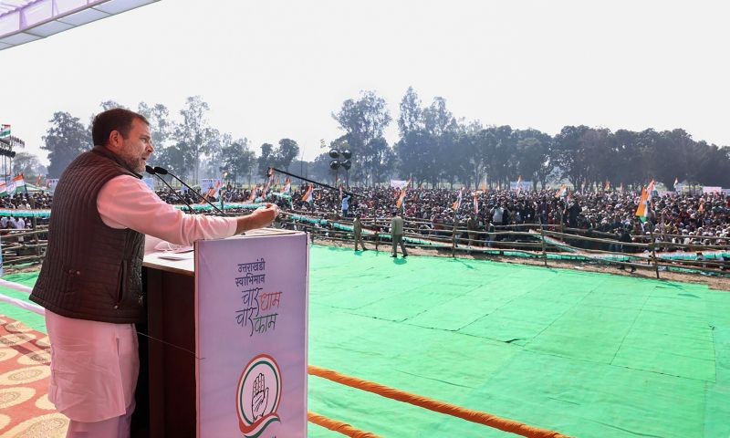 Congress leader Rahul Gandhi addresses the 'Uttarakhandi Swabhiman', for upcoming Uttarakhand Assembly elections at Qazi wala Bagh, in Manglaur on February 10, 2022. (PTI Photo)