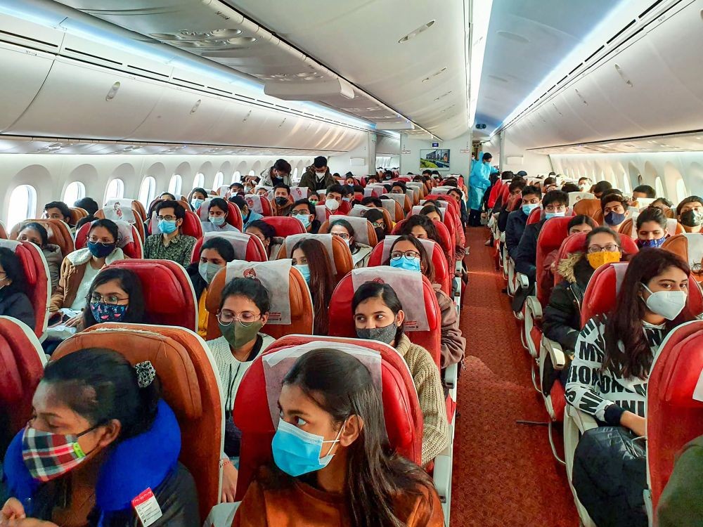 Romania: Indian nationals on board a special Air India flight as people stranded in war-torn Ukraine are evacuated, in Romania, Saturday, Feb. 26, 2022. (PTI Photo)