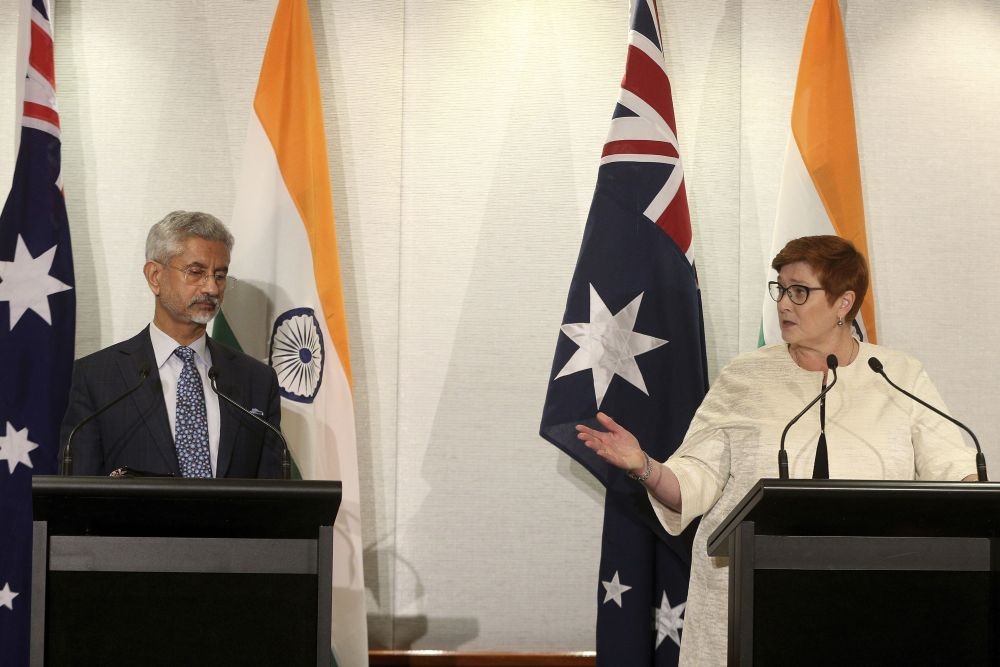 Melbourne: Australia's Foreign Minister Marise Payne, right, and India's Foreign Minister Subrahmanyam Jaishankar hold a news conference in Melbourne, Australia, Saturday, Feb. 12, 2022. Meetings were held between Australia, India, Japan and the United States that form the so-called "Quad," a bloc of Indo-Pacific that emphasizes building partnerships with allies in the region as a way to counter China‚Äôs growing influence and ambitions. AP/PTI