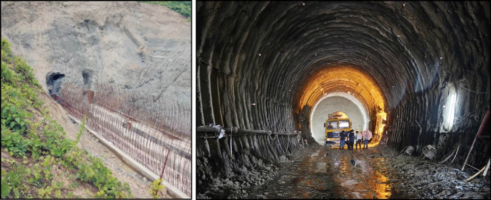 (Left) Workers broke through the western end of the first tunnel (80m) of the Dhansiri-Zubza rail line on June 7. (Morung Photo) (Right) A drilling rig at work inside the Dhansiri-Zubza rail line’s third tunnel located near Jharnapani on June 7. When complete the tunnel will span 824m. (Morung Photo by Manen Aier)