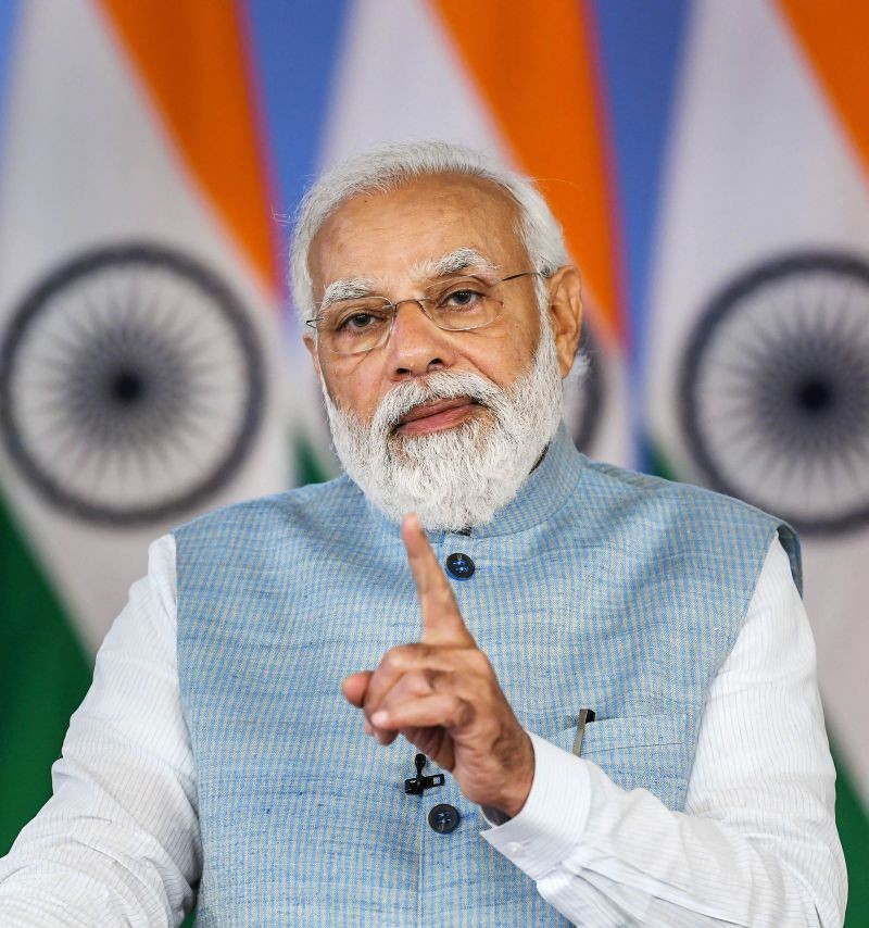 Prime Minister Narendra Modi addresses a webinar on the positive impact of Union Budget 2022 on the education and skill sector, in New Delhi. (PTI Photo)