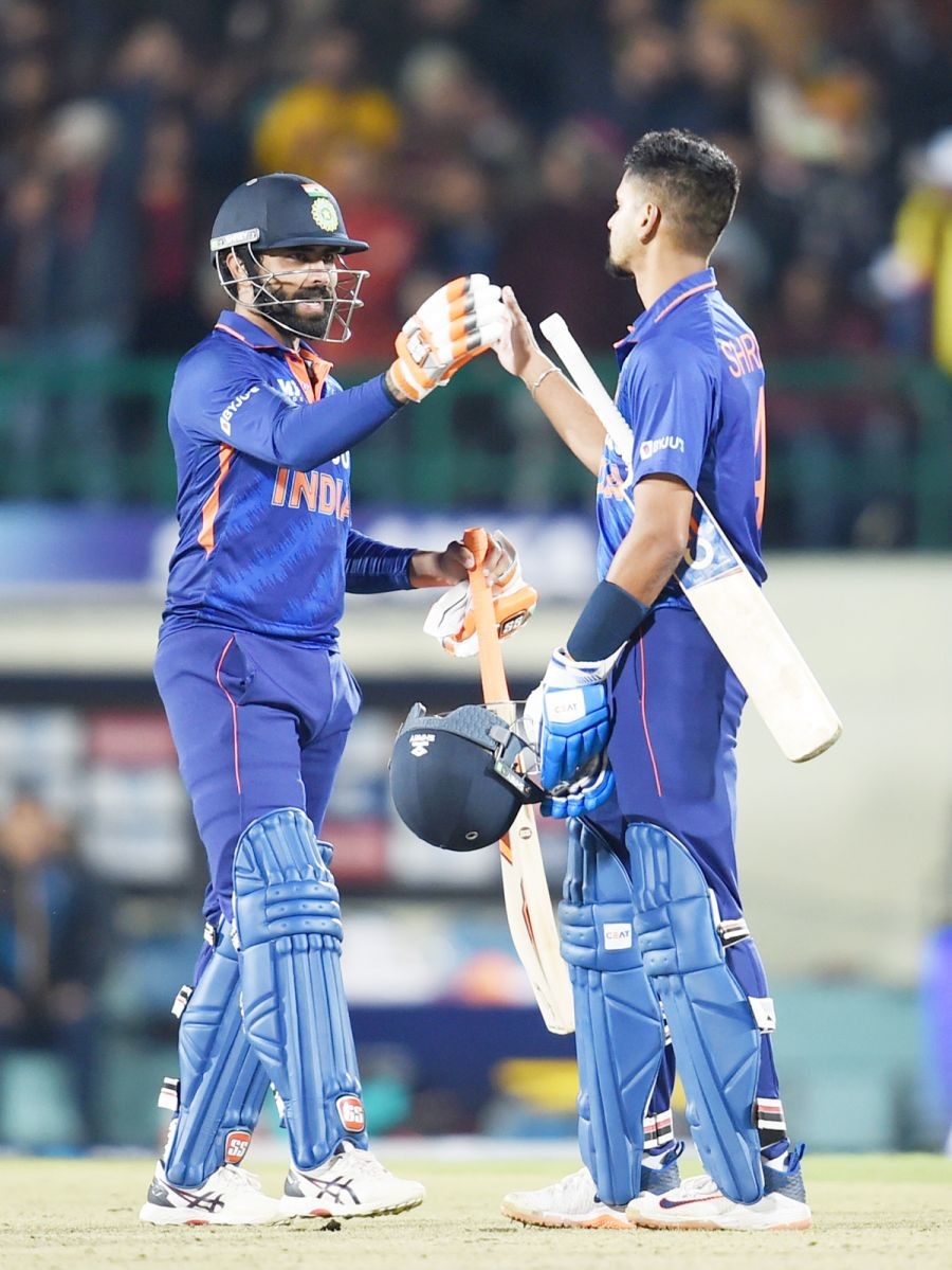 Dharamshala: Indiaâ€™s Ravindra Jadeja and Shreyas Iyer celebrate after winning the 2nd T20I cricket match against Sri Lanka at HPCA Cricket Stadium, in Dharamshala, Saturday Feb. 26, 2022. (PTI Photo/Vijay Verma)