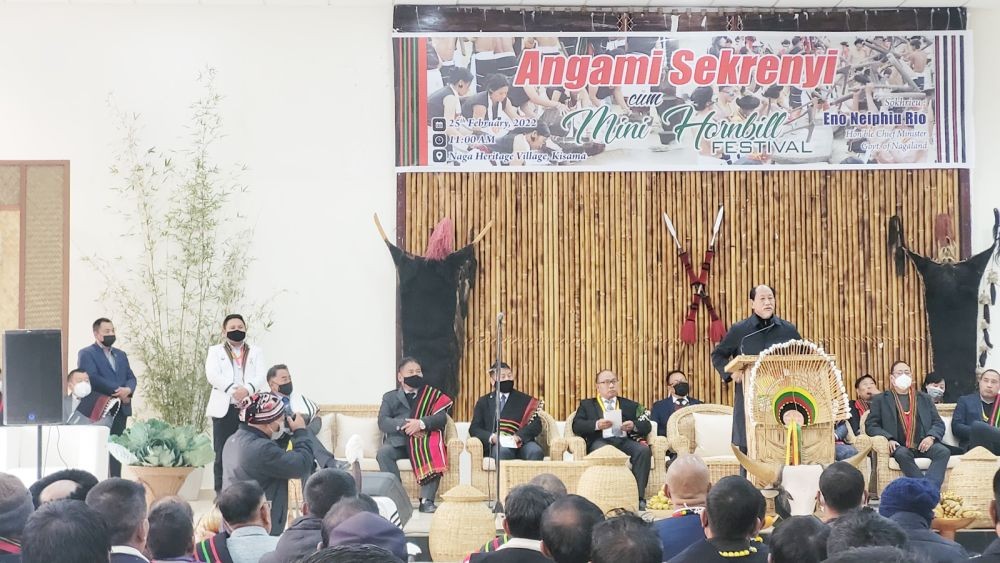 Nagaland CM Neiphiu Rio addressing Sekrenyi at Kisama on February 25. (Morung Photo)