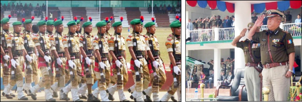 Nagaland DGP, T John Longkumer, takes the salute at the ceremonial attestation parade of 55th batch NAP/IR and HG &CD cadet havildars and recruit constables at NAPTC Parade Ground, Chümoukedima on February 23. (Morung Photo)