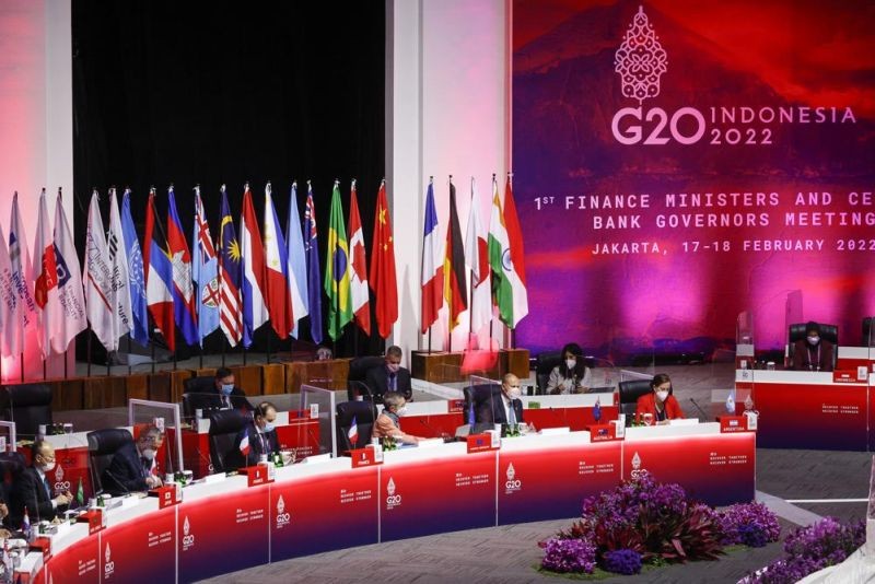 Delegates convene during the opening ceremony of the G20 Finance Ministers and Central Bank Governors Meeting in Jakarta, Indonesia, Thursday, Feb. 17, 2022. Indonesia is scheduled to host the summit of the Group of 20 biggest economies' leaders later this year. (AP Photo)