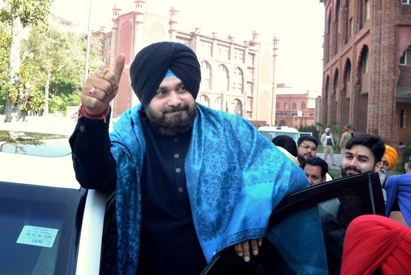 PPCC President Navjot Singh Sidhu gestures  after filing his nomination papers for Punjab Assembly polls, in Amritsar on January 29, 2022. (PTI File Photo)