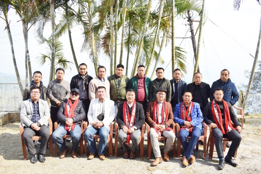 Nagaland Football Association officials along with officials of the Mokokchung District Football Association officials during a press conference held at Mokokchung on February 21. (Morung Photo)