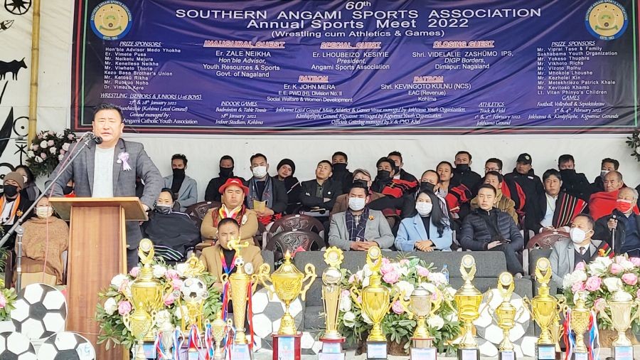 Er Lhoubeizo Kesiyie addressing athletics and games events of 60th annual sports meet 2022 of SASA at Jakhama on February 1. (Morung Photo)