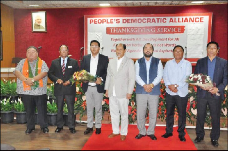 Chief Minister Neiphiu Rio and others with Tokheho Yepthomi and Sharingain Longkumer during PDA thanksgiving programme in Kohima on June 7. (Morung Photo)