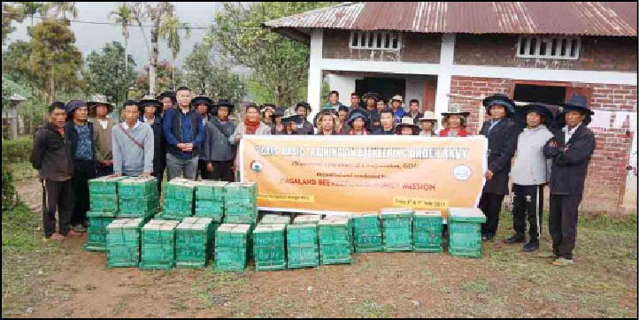 Trainees at Mon Village receive bee boxes and tool kits during the beekeeping training for beekeepers conducted by Nagaland Beekeeping and Honey Mission. (Photo Courtesy: NB&HM)