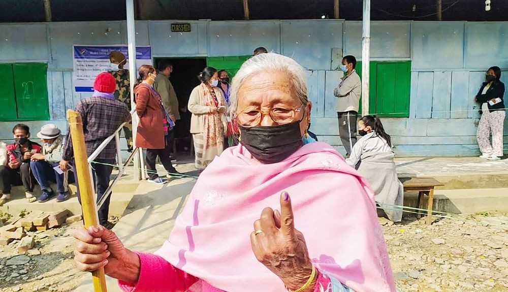 Manipur: A woman shows her finger marked with indelible ink after casting her vote for the first phase of Manipur Assembly Elections, in Manipur. (PTI Photo)